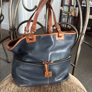 Preloved Navy and Tan Leather Tote Bag